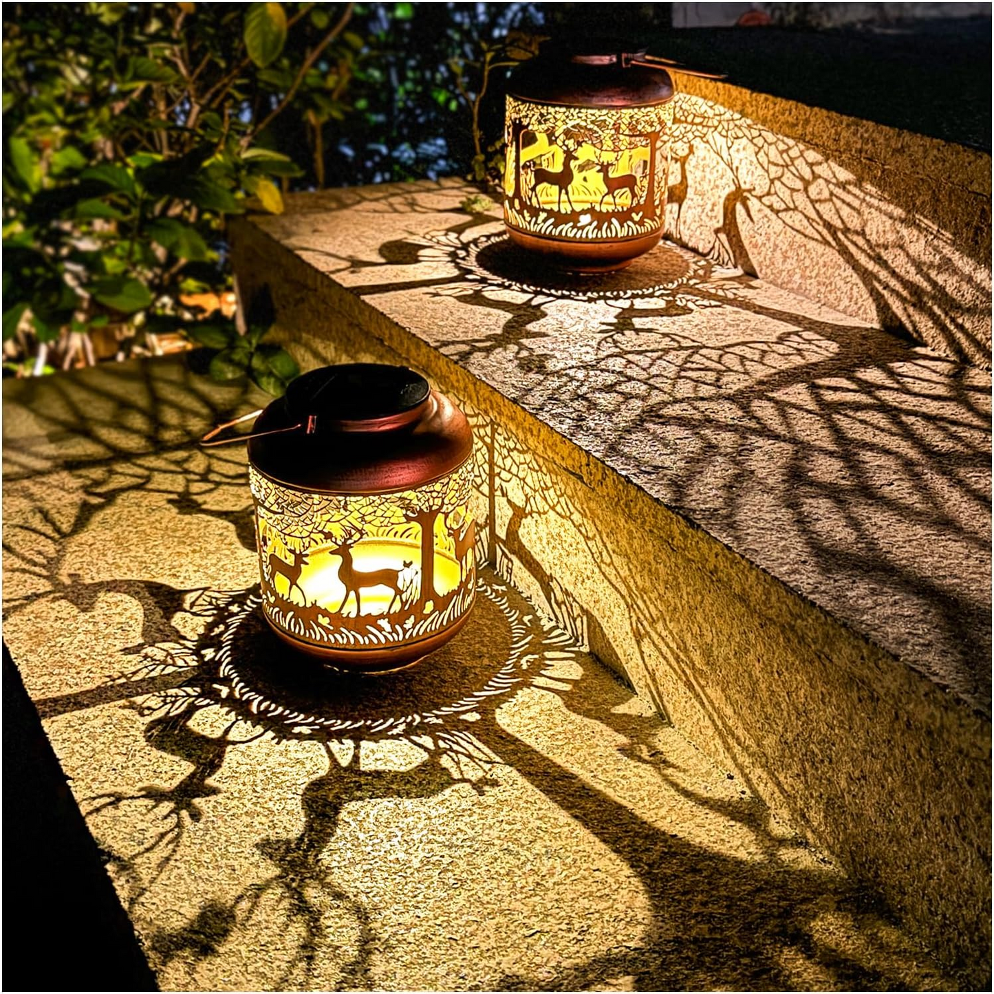 2 Pack Deer Solar Lanterns Outdoor Waterproof Hanging Solar Lights Deer Gifts for Women Men Metal Decorative LED Lanterns for Yard, Patio, Lawn, Tabletop, Pathway, Landscape, Garden Decor